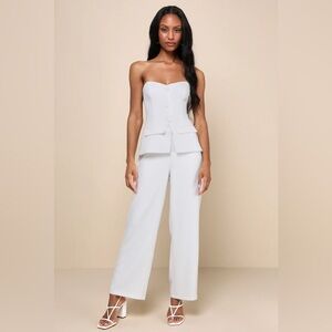 Lulu’s Sophisticated Angel White Strapless Vest Jumpsuit
